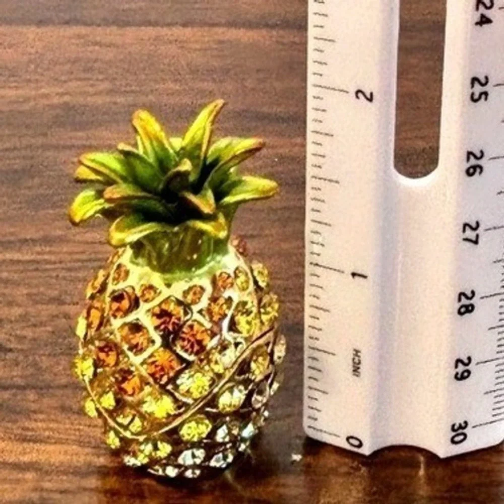 Lia Miniature Jeweled Pineapple TrinketBox Vintage Enamel Crystal Tropical Gift